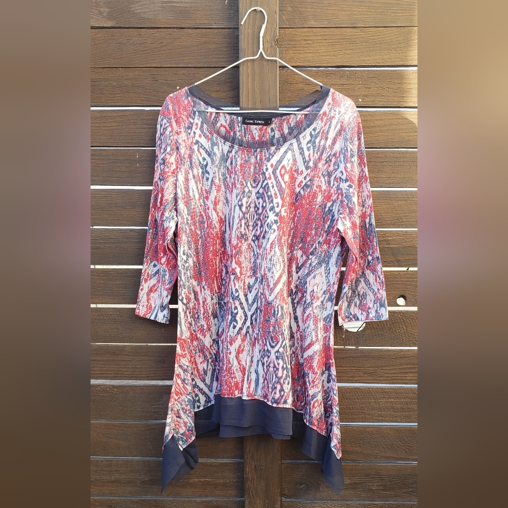 Express Asymmetrical Red and Blue Flutter Sleeve Tunic